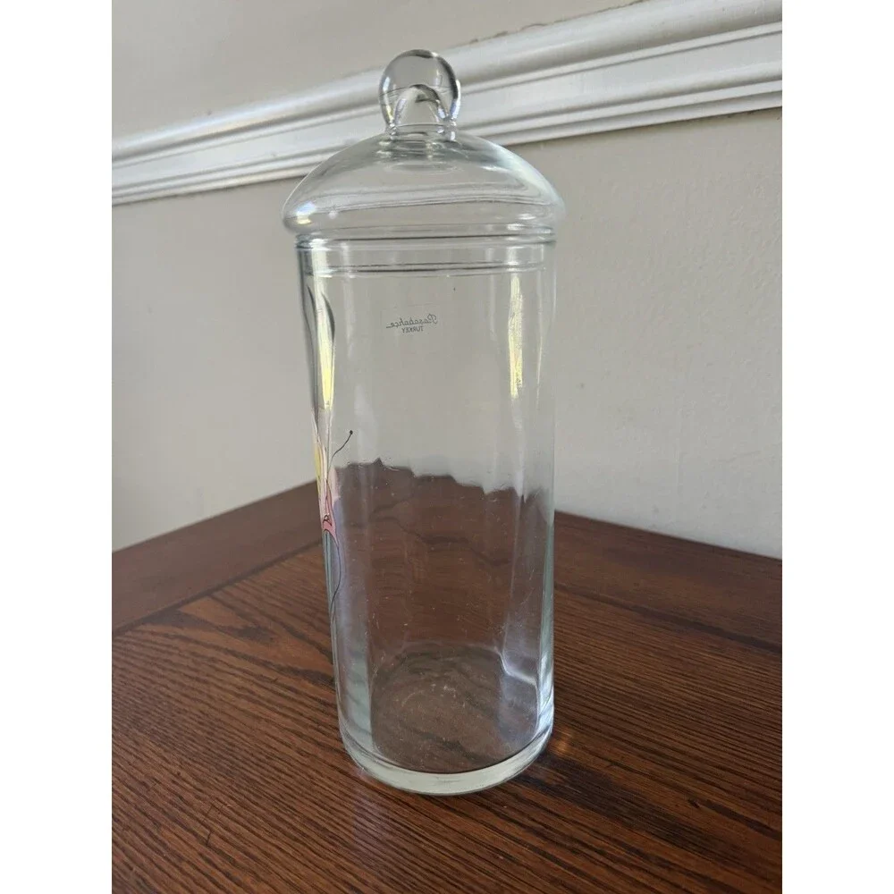 Pasabahce Turkey Clear Glass Apothecary Jar & Lid Pink Yellow Florals w/ Sticker